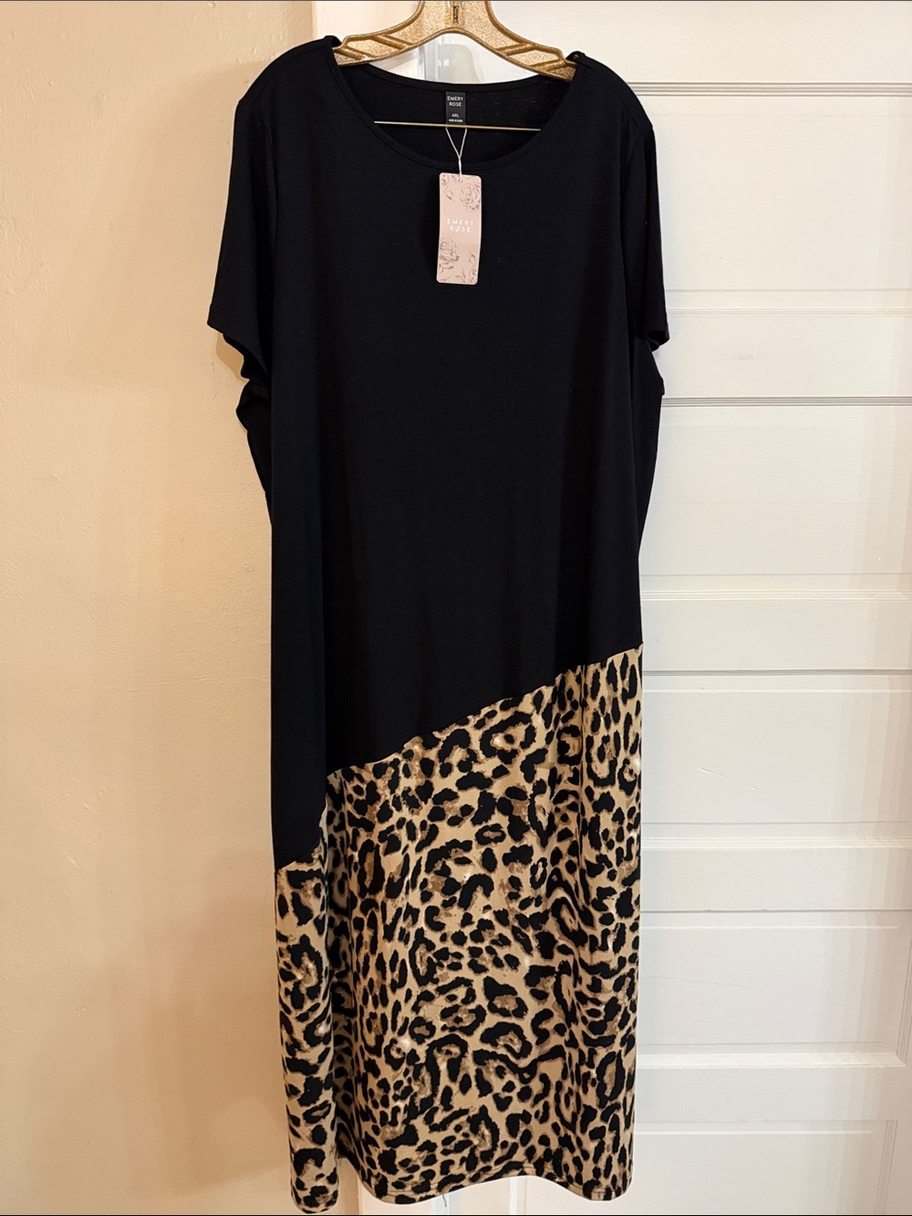 Emery Rose Black Leopard Maxi Dress with Diagonal Panel Sz 4XL NWT